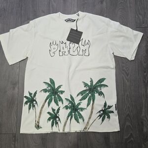 Palm Angels White Tee with Green Palm Design
